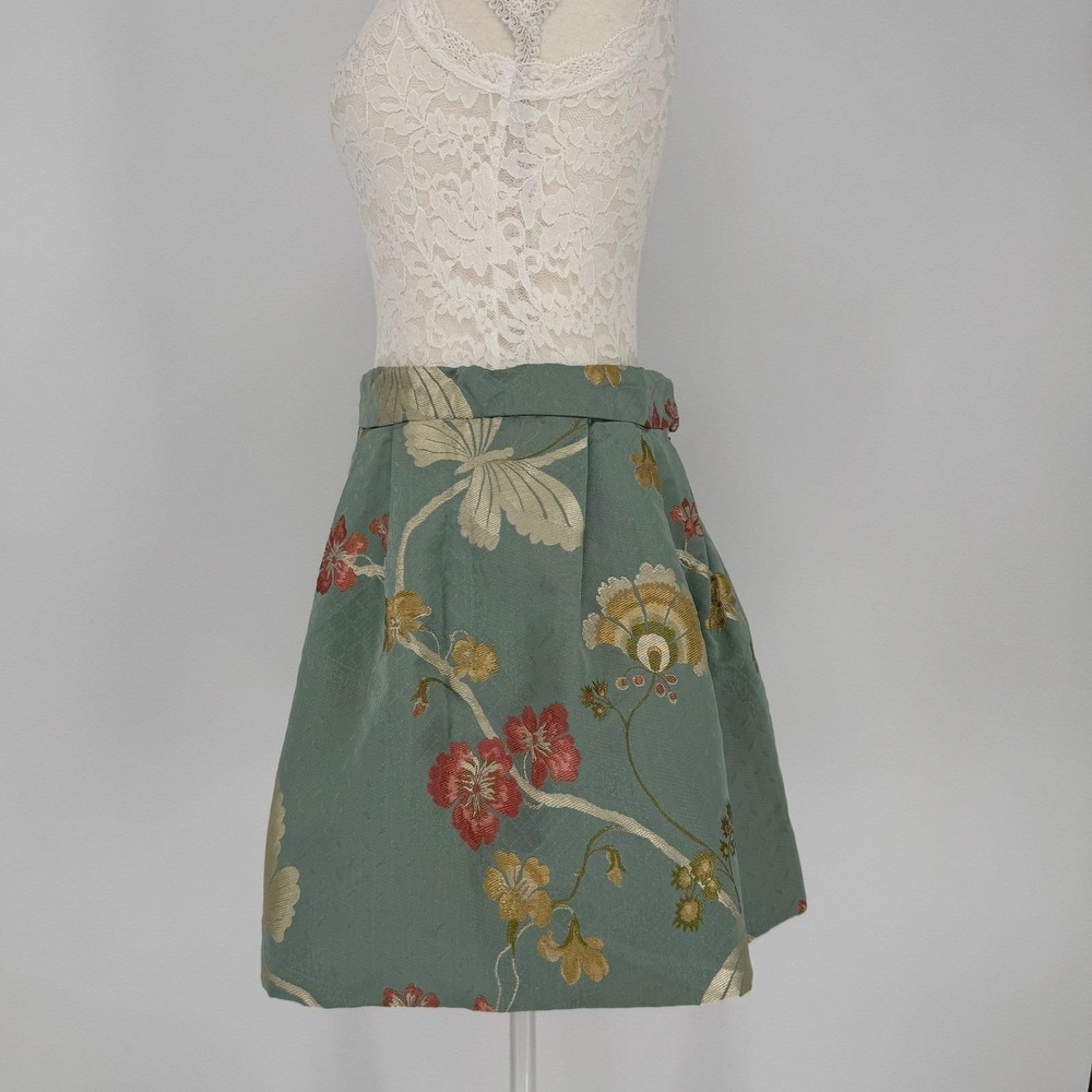 Vintage Floral Jacquard Mini Skirt M Sage Pleated Butterfly Romantic Cottagecore - Picture 5 of 11